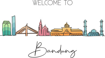 Wall Mural - One continuous line drawing of Bandung city skyline, India. Beautiful city landmark. World landscape tourism and travel vacation. Editable stylish single line draw design graphic vector illustration