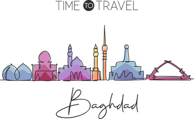 Wall Mural - One continuous line drawing of Baghdad city skyline, Iraq. Beautiful city landmark. World landscape tourism and travel vacation. Editable stylish single line draw design vector graphic illustration