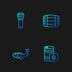 Canvas Print - Set line Metal beer keg, Dried fish, Bottle opener and Wooden barrel. Gradient color icons. Vector