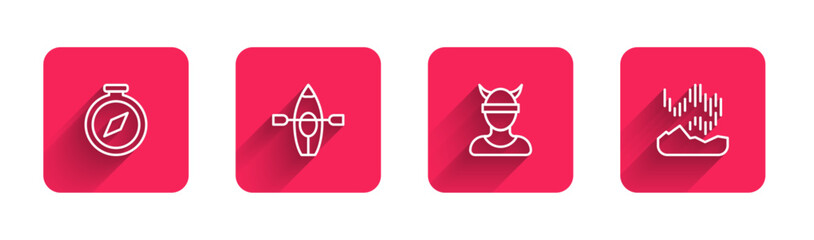 Sticker - Set line Compass, Kayak and paddle, Viking head and Northern lights with long shadow. Red square button. Vector