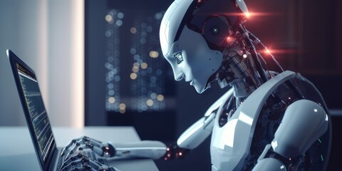 Wall Mural - artificial intelligence robot using computer software for gpt binary coding. distinct generative ai 