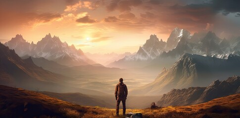 Sticker - Sporty man on the mountain peak looking on mountain valley with sunbeams at colorful sunset in autumn. Landscape traveler, foggy hills, forest in fall, amazing sky and sunlight in fall. Generative Ai