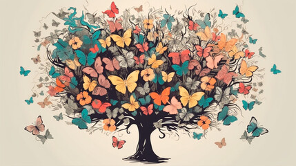 Human brain tree with flowers and butterflies, self care and mental health concept, positive thinking, creative mind. Generative AI