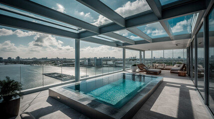 Impressive luxury penthouse terrace with a swimming pool overlooking Miami. Generative AI