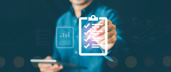 Wall Mural - the online survey, business performance checklist, businessmen using laptops, filling out digital fo