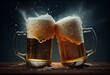 Two frosty beer mugs clinking together in a toast, generative ai