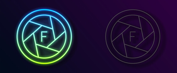 Glowing neon line Camera shutter icon isolated on black background. Vector
