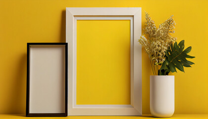 Blank picture photo frame mockup on yellow wall Ai generated image