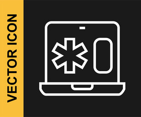 Wall Mural - White line Medical clinical record on laptop icon isolated on black background. Health insurance form. Medical check marks report. Vector