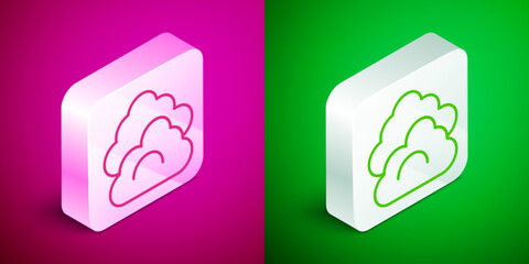 Poster - Isometric line Cloud icon isolated on pink and green background. Silver square button. Vector