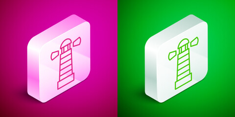 Isometric line Lighthouse icon isolated on pink and green background. Silver square button. Vector