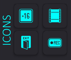 Poster - Set Record button, Plus 16 movie, Play video and Fire exit icon. Black square button. Vector