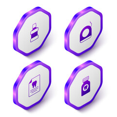 Sticker - Set Isometric Mouthwash, Dental floss, Clipboard with dental card and Toothache painkiller tablet icon. Purple hexagon button. Vector