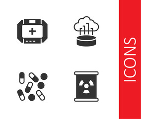 Canvas Print - Set Radioactive waste in barrel, First aid kit, Medical pill biohacking and Network cloud connection icon. Vector