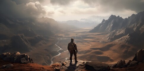 Canvas Print - Sporty man on the mountain peak looking on mountain valley with sunbeams at colorful sunset in autumn. Landscape traveler, foggy hills, forest in fall, amazing sky and sunlight in fall. Generative Ai