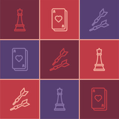 Poster - Set line Chess, Dart arrow and Playing cards icon. Vector