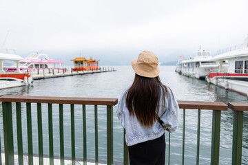 Sticker - Woman visit sun moon lake in Nantou of Taiwan