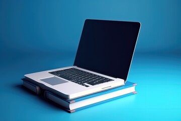 Laptop and books illustration, technology and knowledge concept, blue background. Generative AI