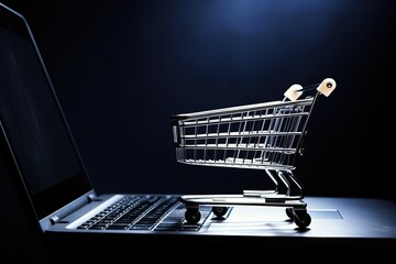 Illustration of shopping cart and laptop, online stores concept, blue background. Generative AI