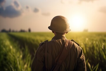 Landscape with World War II soldier from behind, field in the background. Generative AI