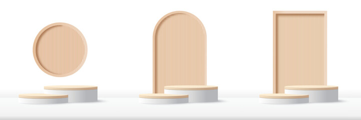 Set of podium platform to show product with beige circle and square background. White minimal scene for product display presentation