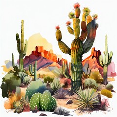 Wall Mural - landscape with cactus drawing watercolor Generative AI
