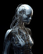 Weiblicher Cyborg, Robotikapparat-Exoskelett-Innendetails, geringe Schärfentiefe, komplexes kybernetisches Cyberpunk-System, Schwarzer Hintergrund