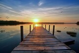 Fototapeta Most - Sunset on Water with Wooden Dock, Generated by AI