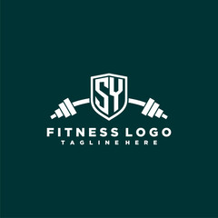 SY initial monogram for fitnes or gym logo with creative shield and barbell design