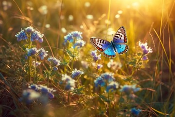 Beautiful blurred spring background nature with blooming glade, trees