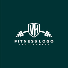 VH initial monogram for fitnes or gym logo with creative shield and barbell design