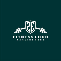 ZE initial monogram for fitnes or gym logo with creative shield and barbell design