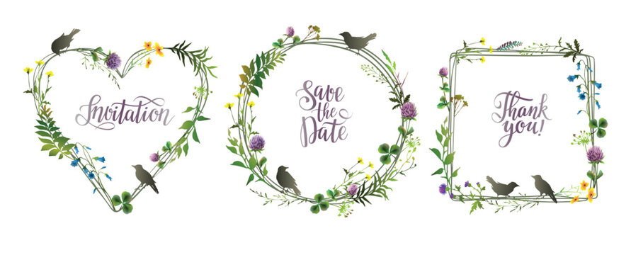 Floral summer frames set with birds. Floral frames collection for wedding invitation, posters, save the date, greeting card.