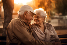 Senior Couple In Love Sitting On A Bench In Sunset. Generative Ai.