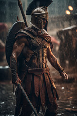 Wall Mural - Portrait of a Spartan in armor and a Corinthian helmet with a shield on his back under heavy rain. Ancient Greek warrior. ai generated