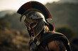 Portrait of a Spartan warrior in traditional armor, and a Corinthian helmet. Ancient Greek warrior. ai generated