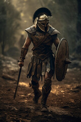 Portrait of a Spartan in the forest  with a sword and shield in armor. Ancient Greek warrior. Full length image. ai generated