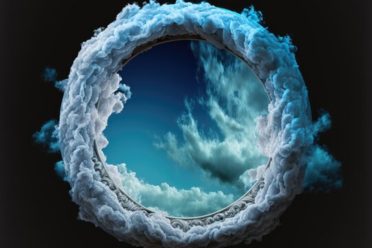 Frame made with covered white cloud in the sky in circle shape. Concept of luxurious fantasy window. Finest generative AI.