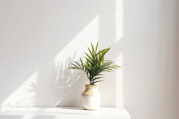 Wall Mural - Interior mockup with plant in vase on empty white wall for neutral decor style, Generative AI