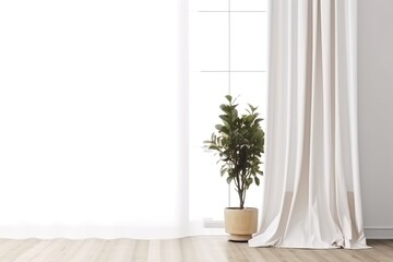 Wall Mural - Wall with a potted plant, wooden floor and white curtain in the background, Generative AI