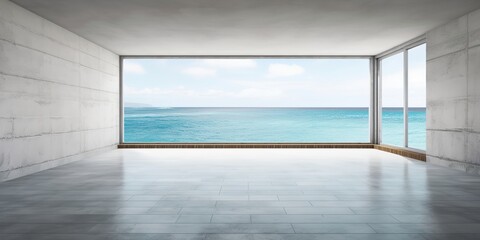 Wall Mural - Room with bare concrete walls and sea view in the background, Generative AI