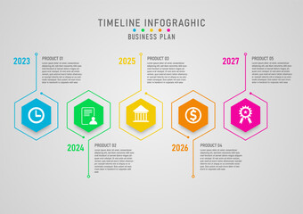 Wall Mural - timeline infographic multi colored hexagons with lines Business and product growth planning 5 years. Multiple icons in the middle. gray gradient background Designed for marketing, investing, finance.