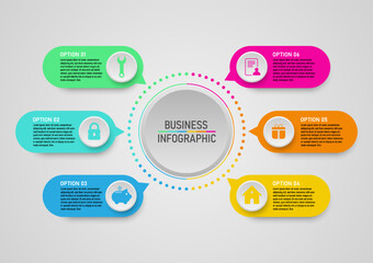 Wall Mural - business infographic square option multi colored circles with center icons and circle dots gray gradient background design for marketing, finance, investment, product, project, planning