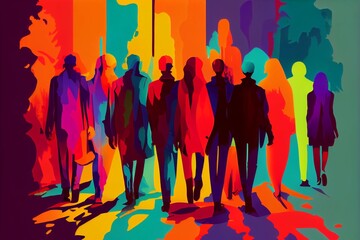 Colorful group business people are walking in abstract silhouette for financial and business economics background. Illustration. Generative AI