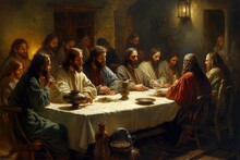 A Biblical Religious Concept From The Life Of Jesus Christ, God. Last Supper, 12 Apostles, Faith, Bible. Secret Supper. Jesus Christ Holding Prayer To God Father. Generative AI