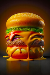 Sticker - Cheeseburger with lot of melted cheese on top of it. Generative AI.