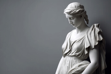 Wall Mural - Ancient marble statue of a young woman near empty wall. Greek sculpture with copy space for text. Antique female sculpture, bust, plaster sculpture. AI generated image.