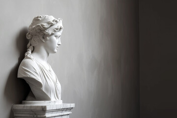 ancient marble statue of a young woman near empty wall. greek sculpture with copy space for text. an