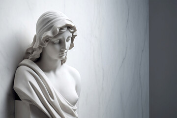 Ancient marble statue of a young woman near empty wall. Greek sculpture with copy space for text. Antique female sculpture, bust, plaster sculpture. AI generated image.