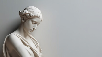 Wall Mural - Ancient marble statue of a young woman near empty wall. Greek sculpture with copy space for text. Antique female sculpture, bust, plaster sculpture. AI generated image.